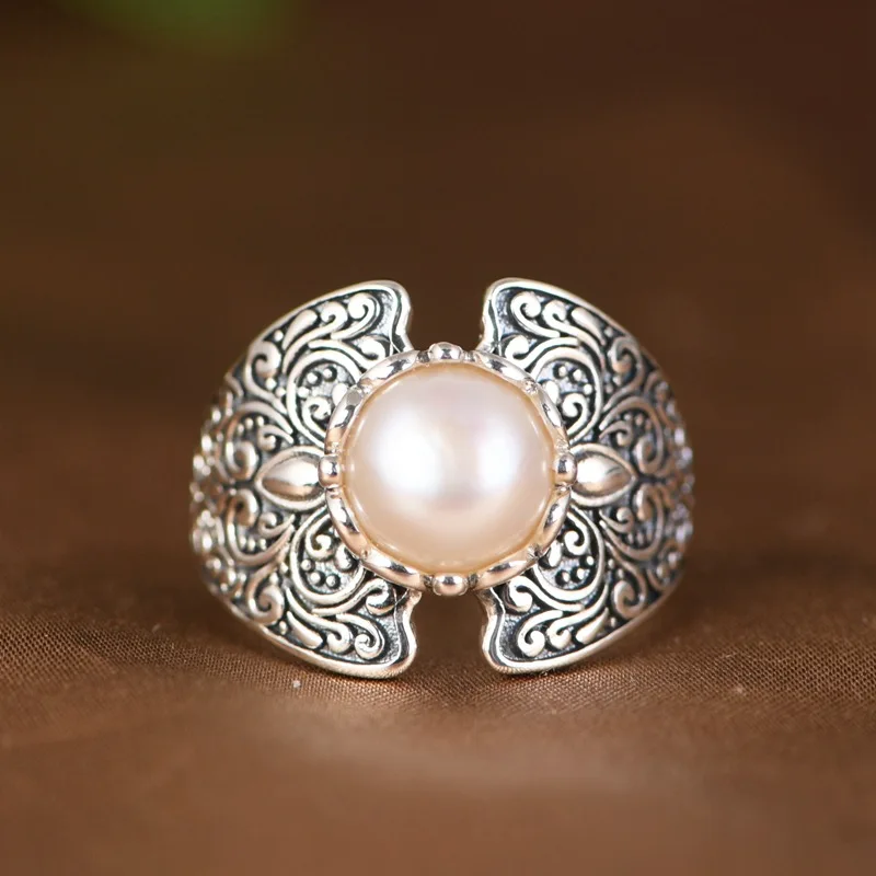 

Exotic 925 Silver Wings Rings for Women Thai Silver Vines Grass Ring Freshwater Pearl Ring Ethnic Heart Patterns Triangle Ring