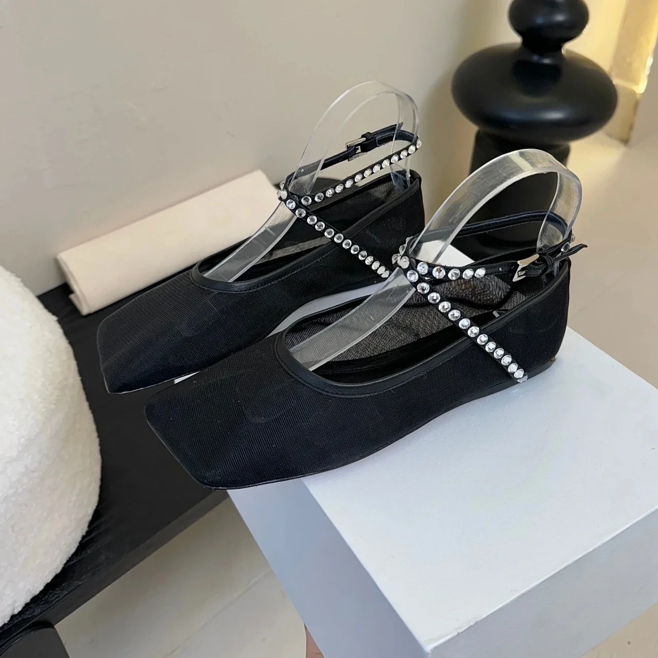 2025 FANGXITING جديد وصول اليدوية شبكة ساحة تو كعب مسطح الكاحل حزام صناديل للنساء بلينغ بلينغ الماس الشقق مأدبة ماري #3