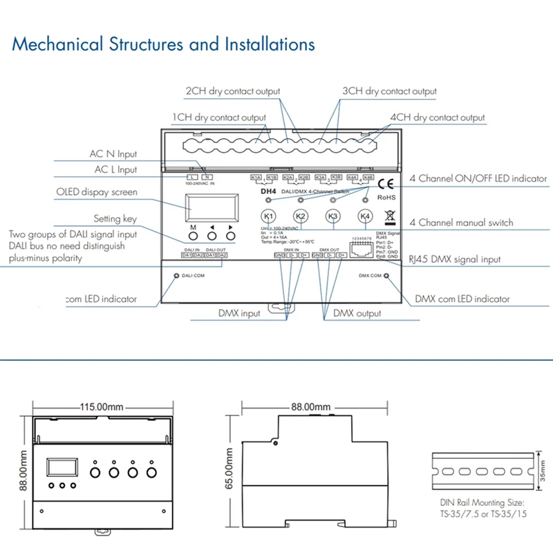 2025 Trendfor DMX 4-Channel Switch With OLED Display Screen Relay 4CH Dry Contact Output 4 Address DMX-RDM Din Rail 100-240VAC