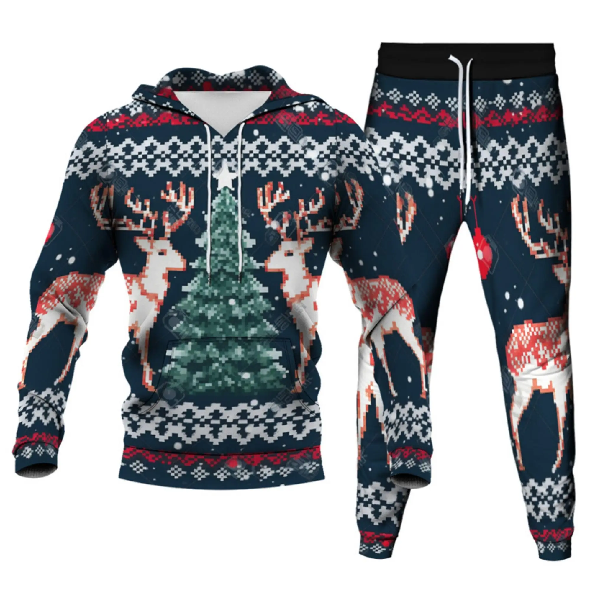 Hoodies Tracksuit Men New Year Christmas Men's Sweatshirt Pant Suit Santa Claus Deer 3D Printed Party Fun Festival Unisex Set