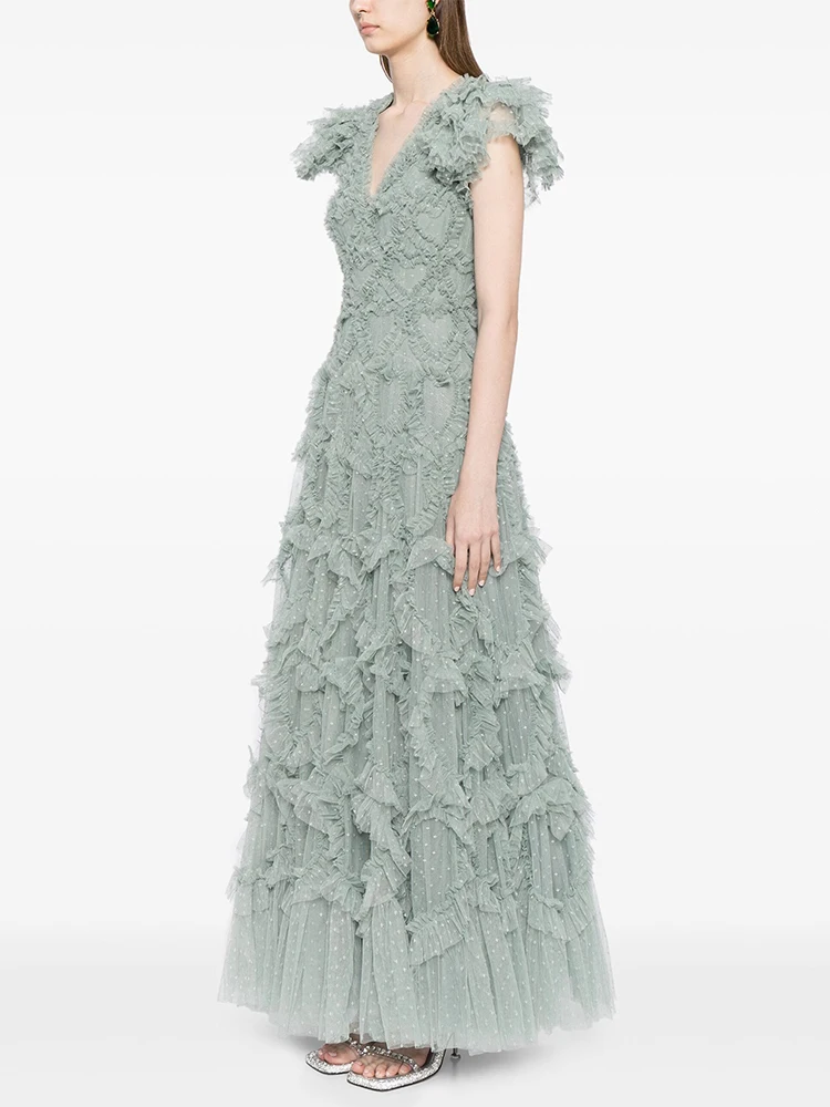 CHICEVER-vestidos con volantes empalmados para mujer, vestido largo de fiesta con cuello en V, manga corta, cintura alta, retazos y cremallera
