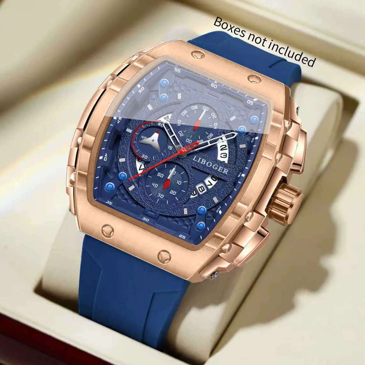 Fashion Tonneau Men Watch Rose Gold Case Blue Silicone Band Calendar Sports Quartz Wristwatches Relogio Masculino（Without Box