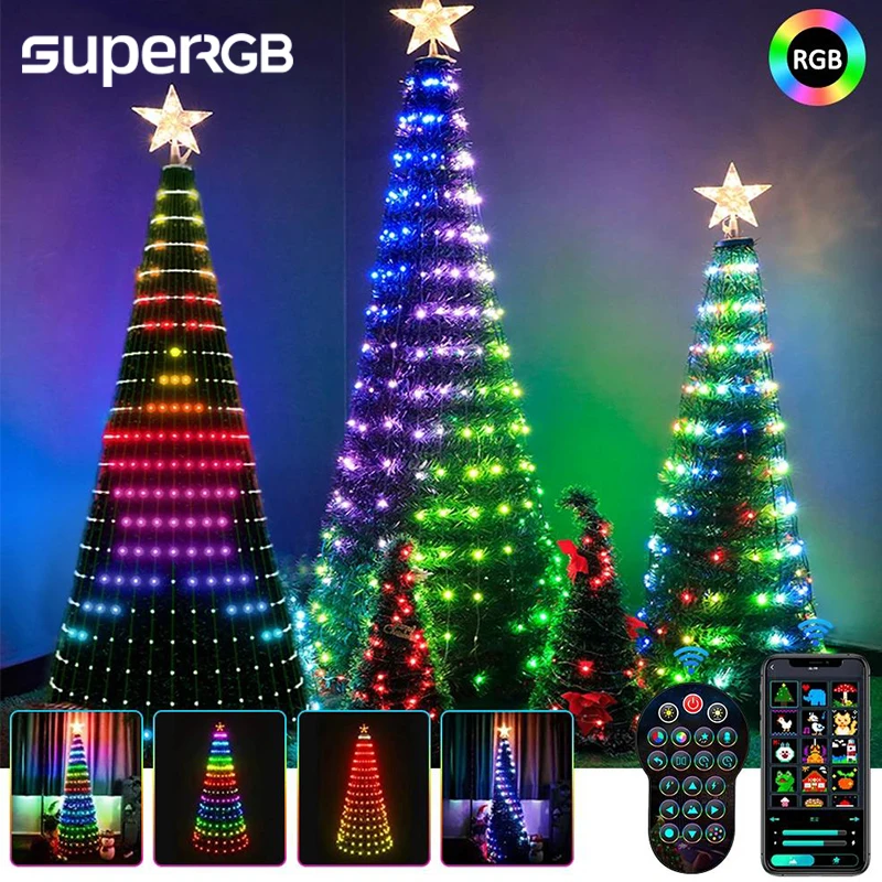 Luci intelligenti per toppers per albero di Natale con telecomando e controllo tramite app Decorazione per feste festival con corde a stella LED RGB Bluetooth