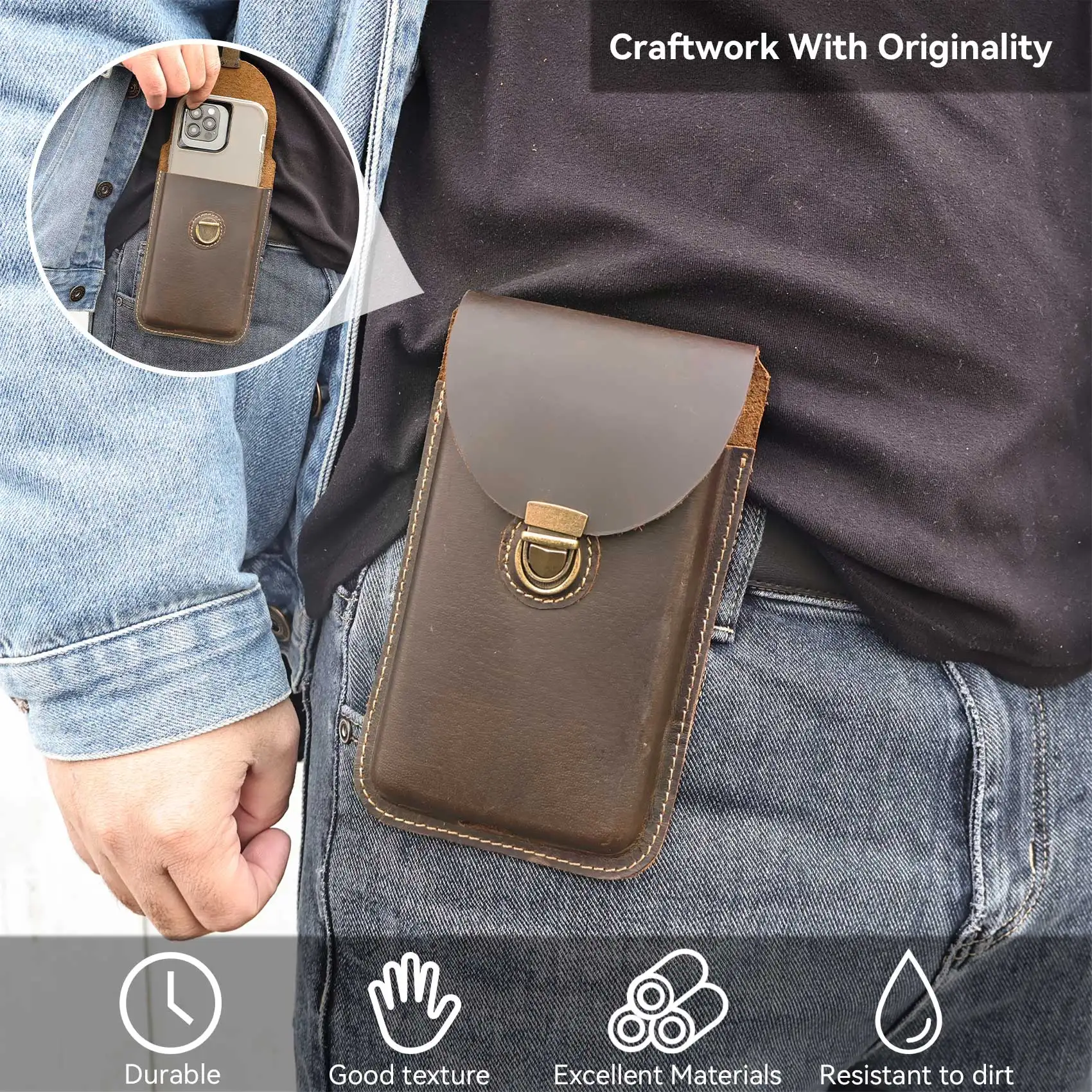 RIYAO Phone Holster For Men Crazy Horse Leather Hasp Buckle Mobile Phone Belt Clip Pouch Small Waist Bag For Outdoor Travel Man