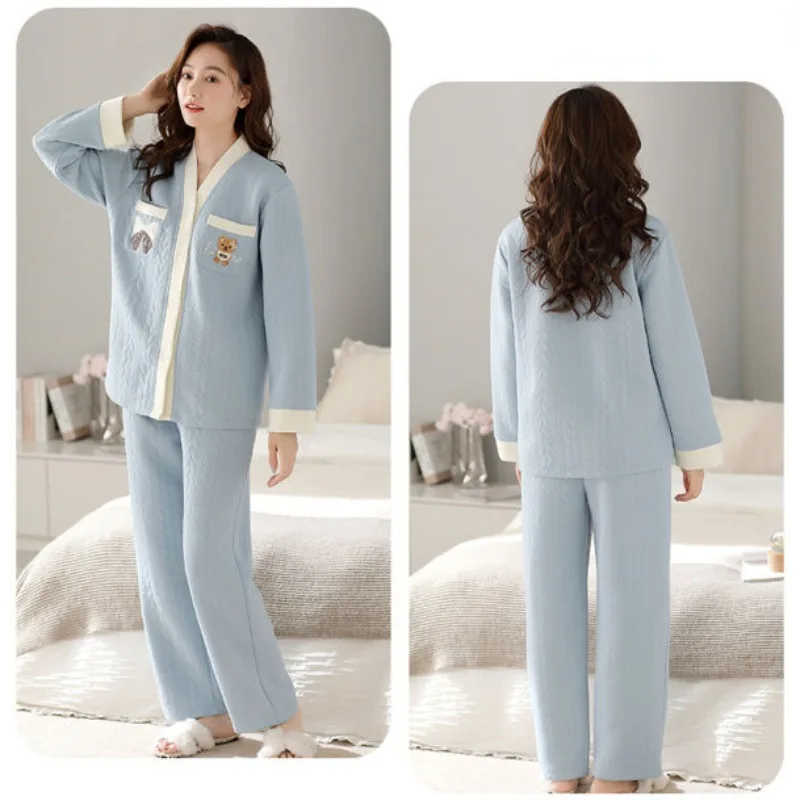 2024 New Air Cotton Sandwich Pajamas Women's Autumn Winter Sleepwear Cardigan Warm Thick Loungewear V-neck Loose Homewear Set