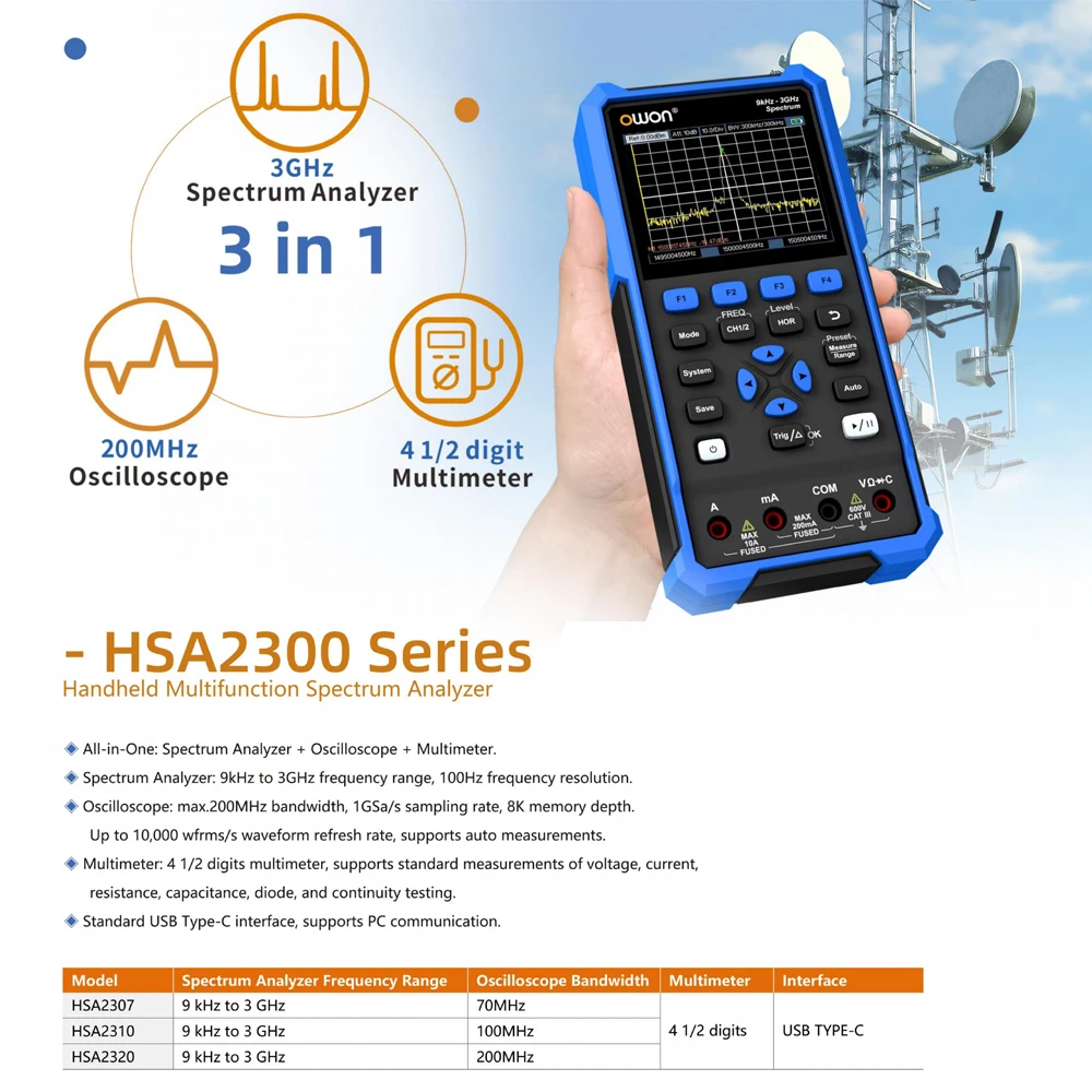 OWON HSA2300 Multifunction Handheld Spectrum Analyzer 3-in-1 9kHz to 3GHz , 2CH Digital Oscilloscope, True RMS Multimeter