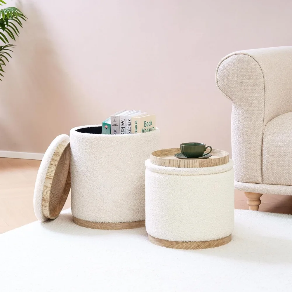 مسند دائري من PINPLUS مع مجموعة تخزين مكونة من 2، مقعد فانيتي مع صينية تخزين لغرفة النوم، مقعد صغير مخملي لراحة القدم أوتو #2