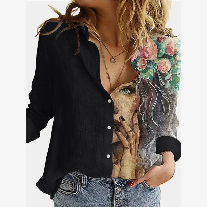 

Модный женский топ с длинным рукавом, черный, с принтом, на одной пуговице, прямого кроя, осенняя новинка, премиум-класса