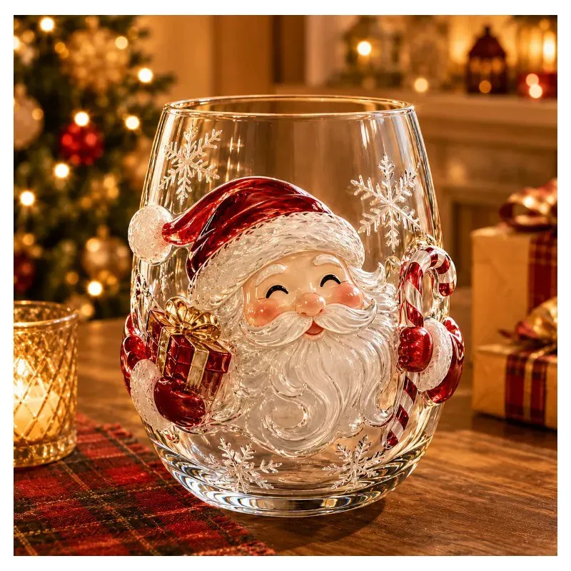 Christmas Glass Art Cup,Christmas Embossed Glass Cup 3D Santa Clau Snowflake Round Wonderful Christmas Gifts