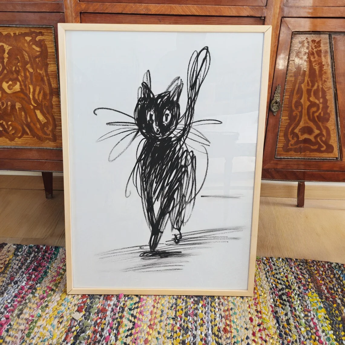 Minimalist Black Cat Scribble Wall Print Decor - Abstract Charcoal Sketch Illustration of a Playful Black Cat Waving Its Paw, Se