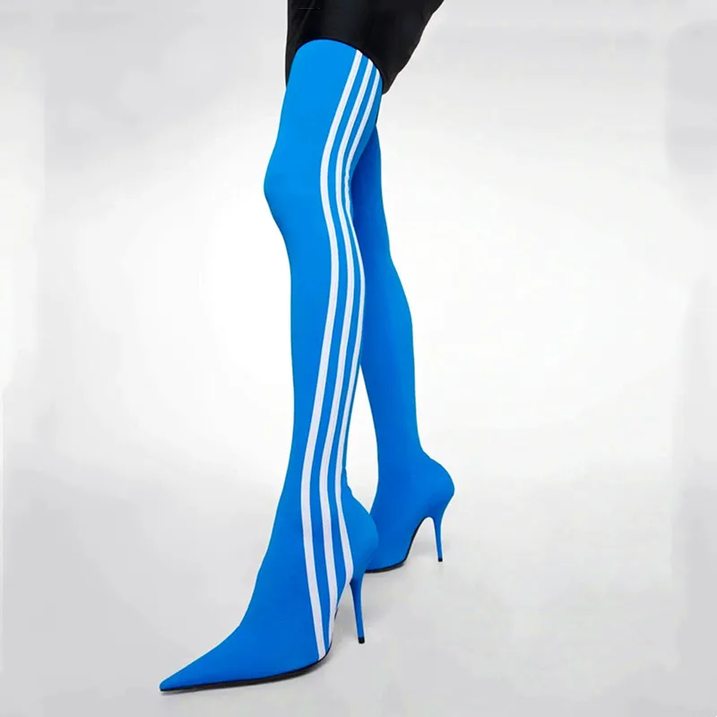 MKKHOU Fashion Over Knee Boots New High Quality Oointy Striped Matching Color High Heel Elastic Boots Modern Pants Shoes