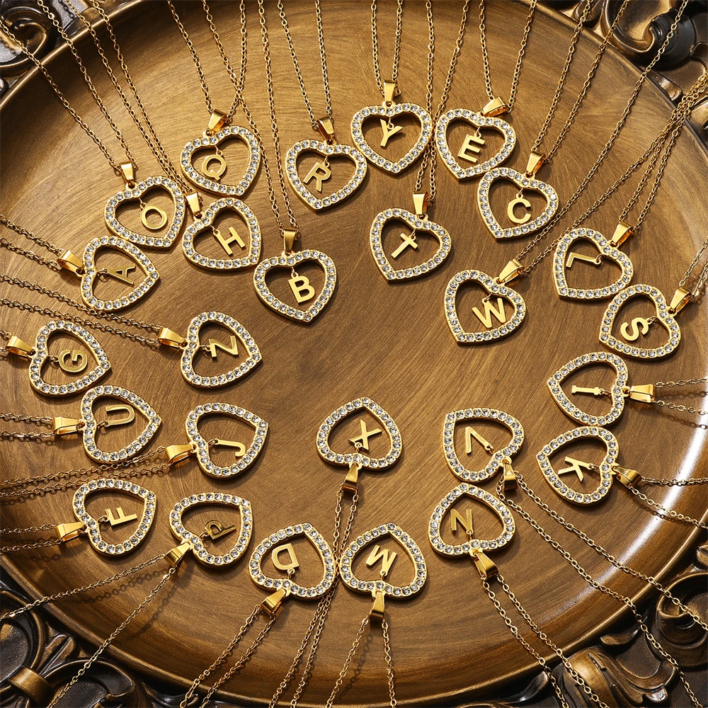

Персонализированное блестящее ожерелье с циркониевым сердечком и буквой для женщин, подвеска из нержавеющей стали с камнем в форме сердца, инициалы A-Z, подарок на день рождения