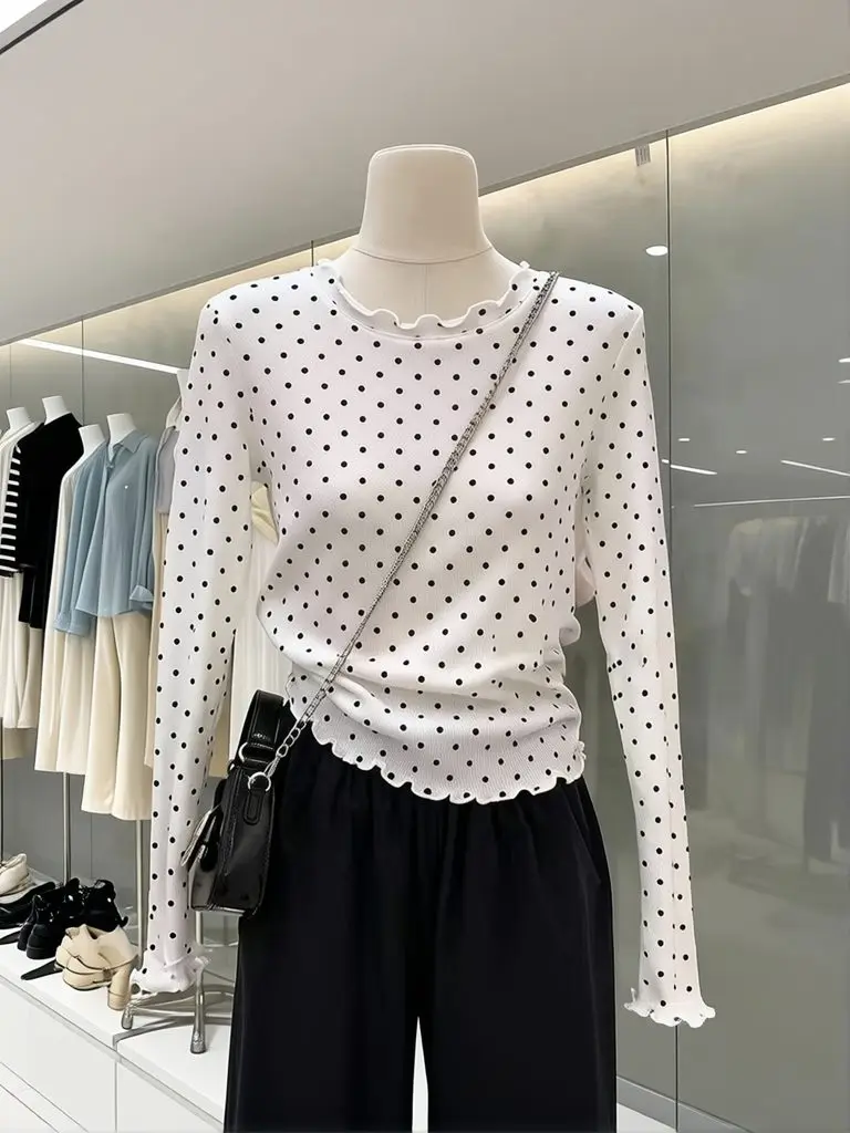 Polka Dot Ruffle Sweet Long Sleeve T-shirt Women Work Wear Casual Layering Basic Tees Elegant Slim Fit Top