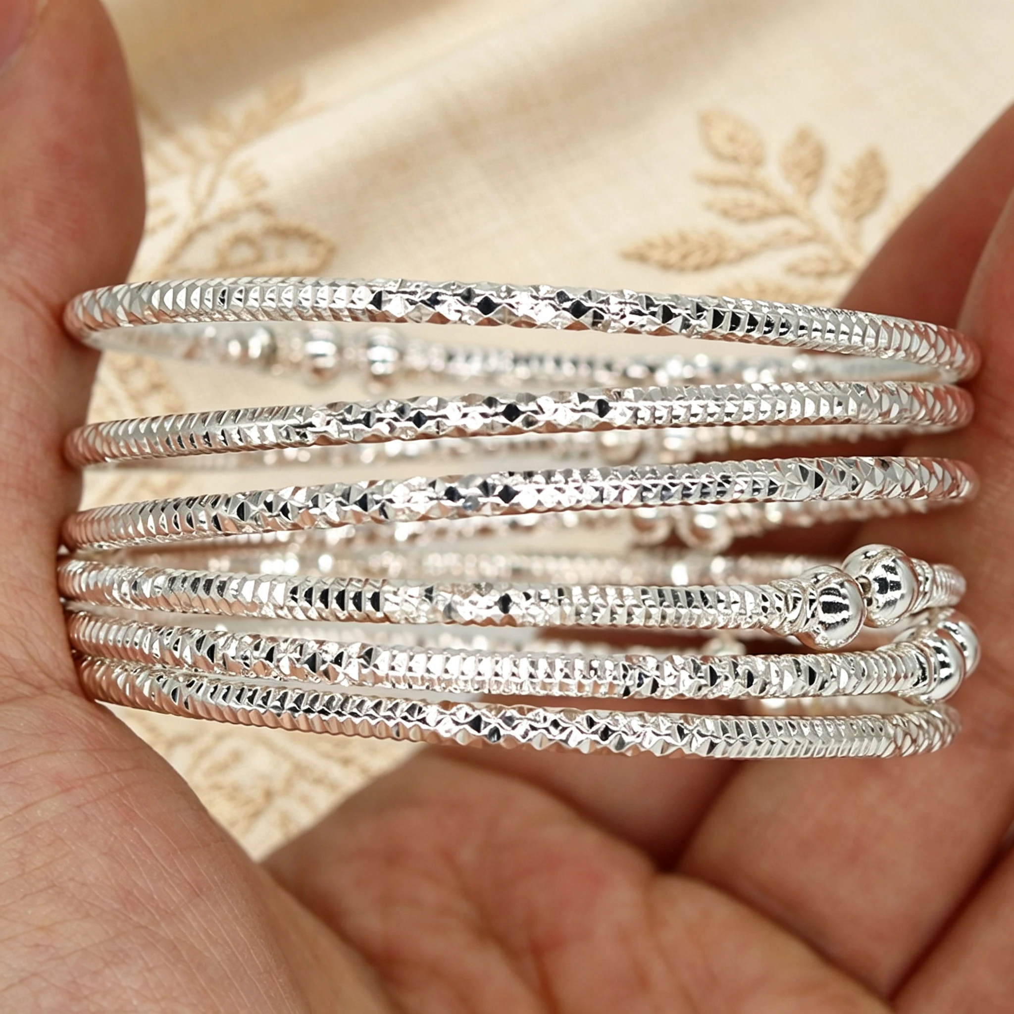 Silver Tone Stackable Bangle Set Sparkling Cut‑Carved Surface Thin Bracelet With Round Bead Decor Ethnic Wrist Jewelry for Women