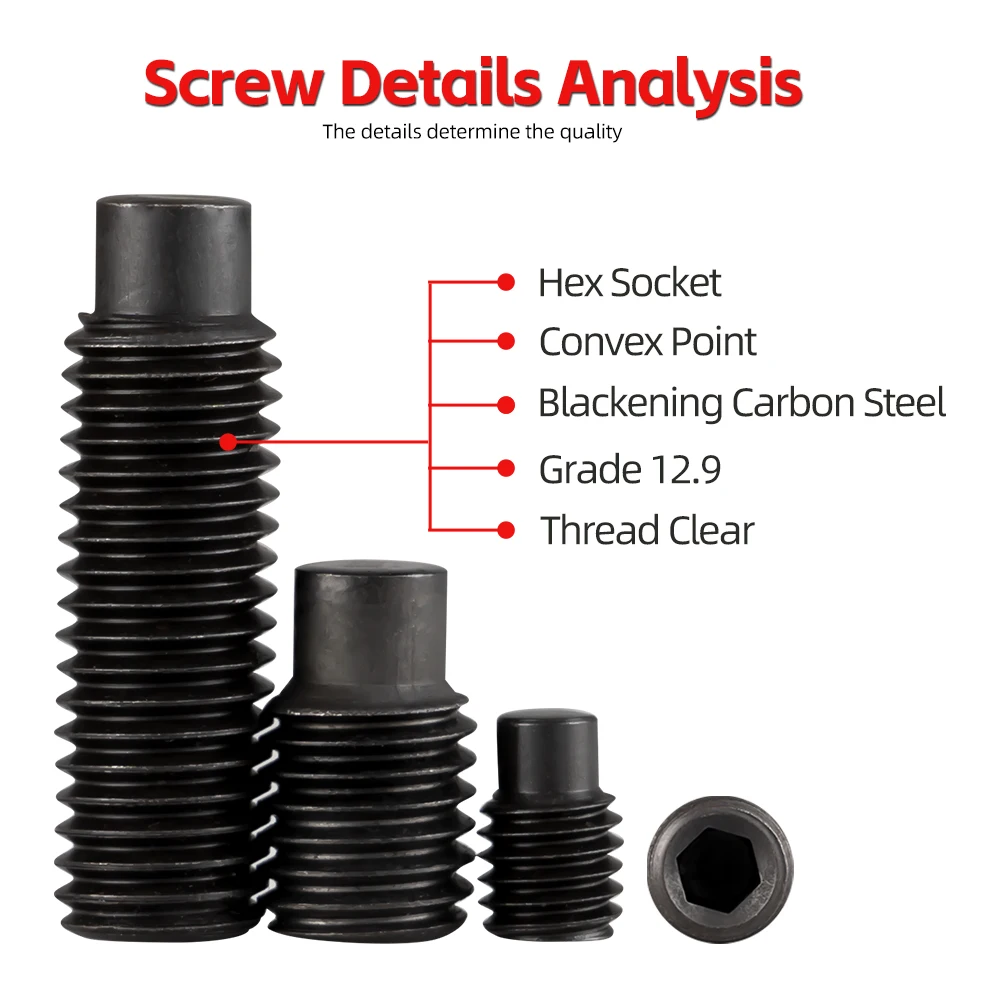 Parafusos de fixação de soquete sextavado de ponto convexo m2 m2.5 m3 m3.5 m4 m5 m6 m8 m10 m12 m14 m16 escurecimento parafuso sem cabeça de aço carbono grau 12.9