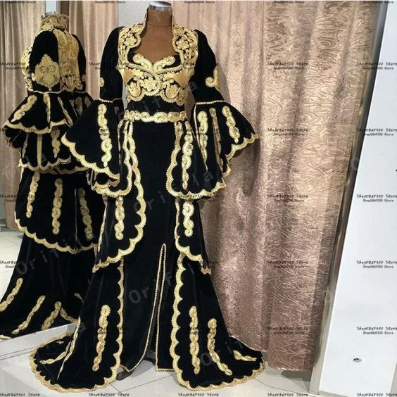 Traditionele Kosovo Albanese Prom Formele Jurken 2023 Black Gold Lace Moslim Arabisch Lange Mouwen Jas Caftan Avondjurk