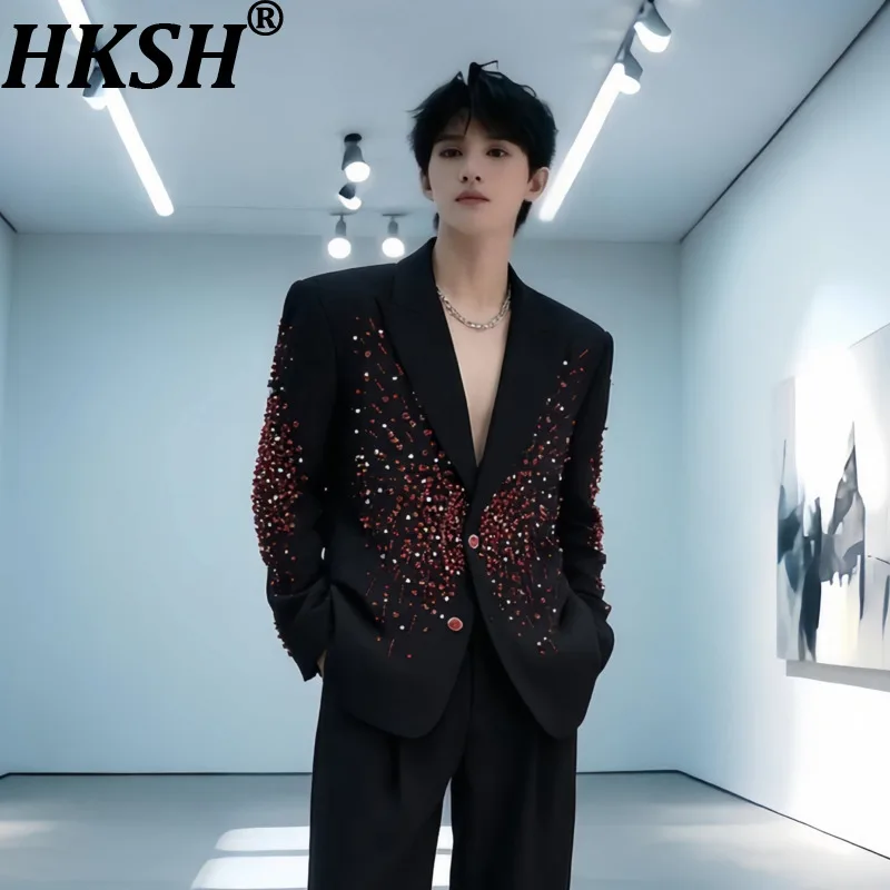 HKSH Spring Autumn New Men Tide Chic Ins Light Luxury Beaded Padded Shoulders Trendy High Street Performance Suit-Pants HK28055