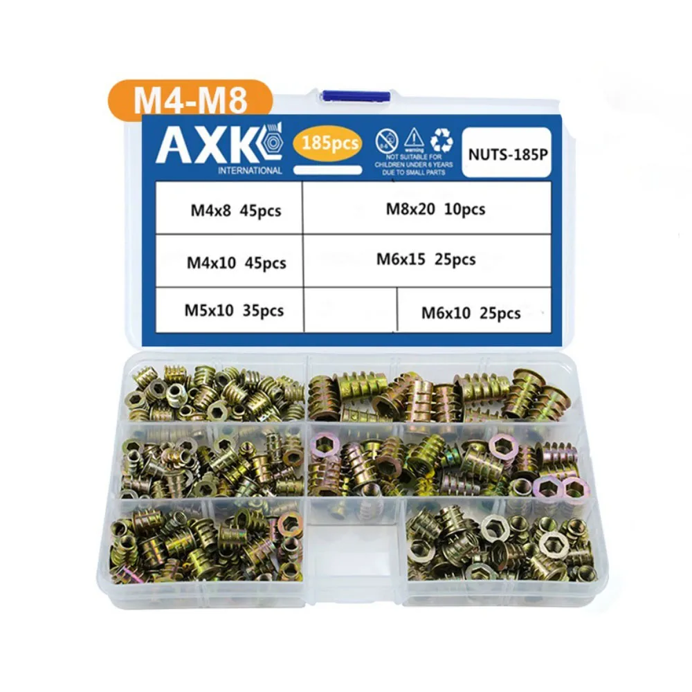 185pcs Thread Insert Nut Set Zinc Alloy M4 M5 M6 M8 Wood Inserts Nut Kit Hexagon Head Furniture Nut