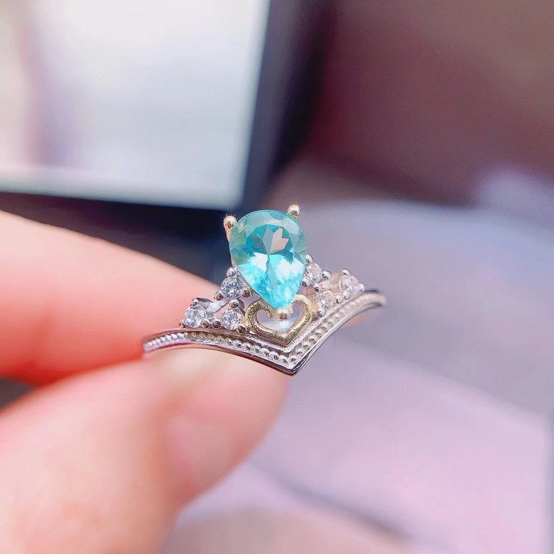 100% Natural Apatite Ring 5*7mm 0.6ct Apatite 925 Silver Jewelry Vintage Style Crown Gemstone Ring with 3 Layers 18K Gold Plated