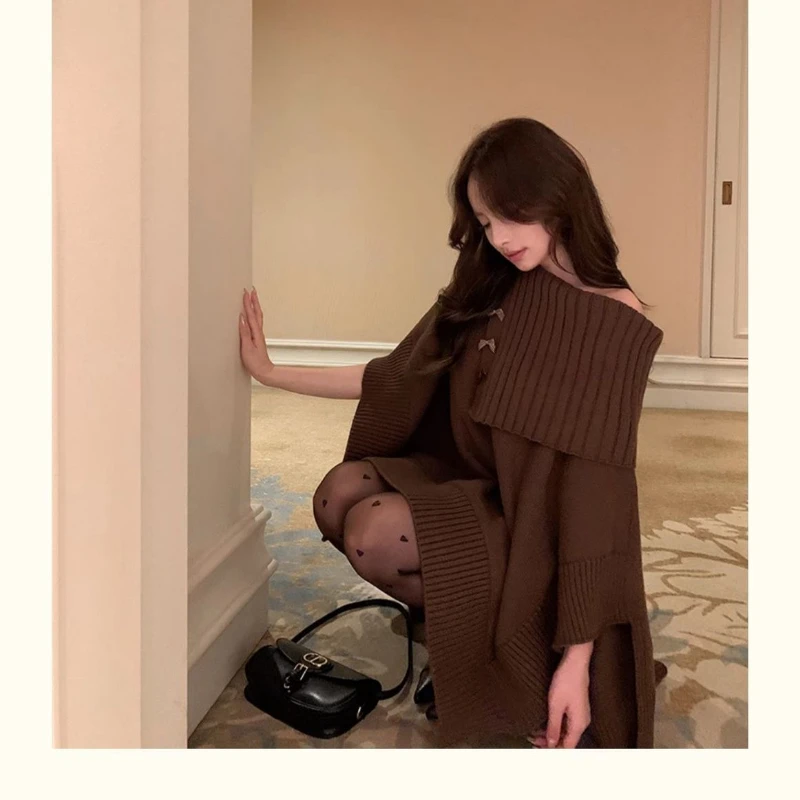 Women's Models Fairy Autumn Winter Tops Coat Sweater Knit Cloak One-shoulder Irregular Design Fashion Versatile New Personalized