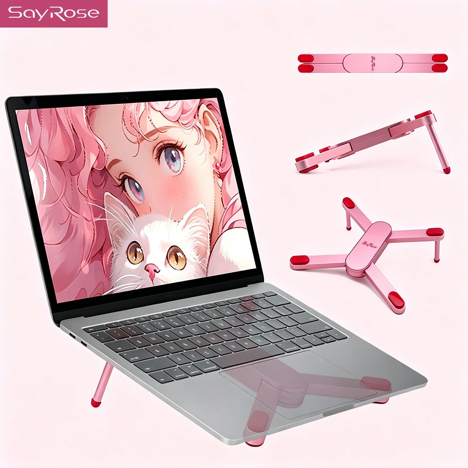 SayRose VZL1 Drone Style Portable Laptop Stand Aluminum Alloy Foldable Cooling Riser 20.58° Ergonomic Angled Laptop Holder For 10-16 Inch MacBook Tablet Pink Gift