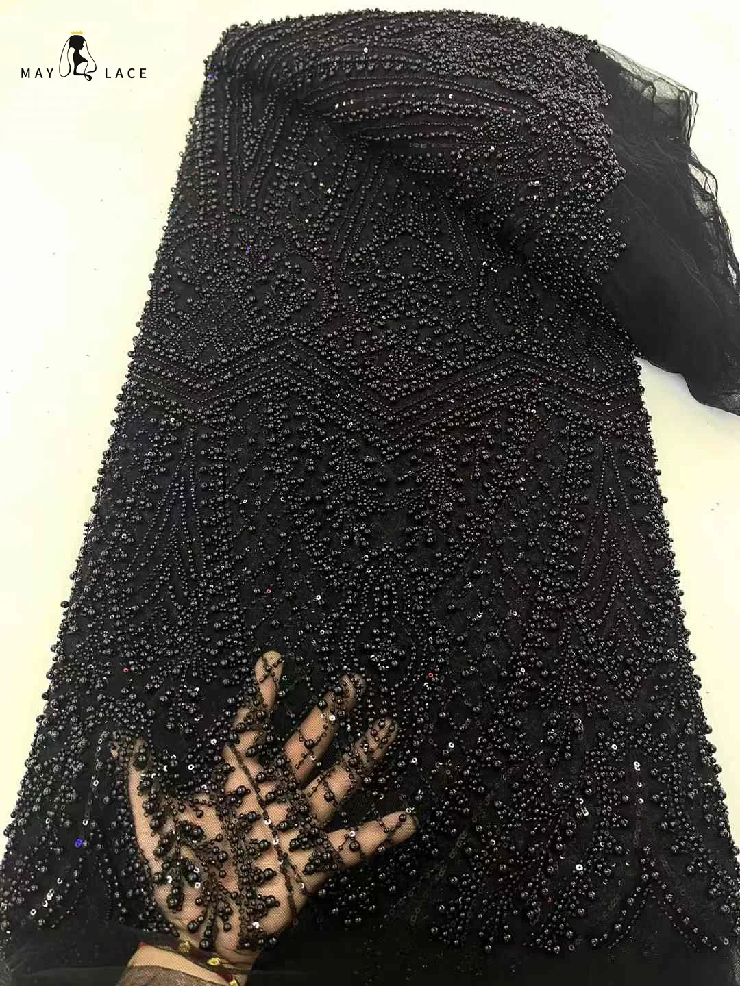 African Beaded Lace Fabric for Women Dresses, Sequins Embroidery, French Mesh, Black, High Quality, Sewing, 2024