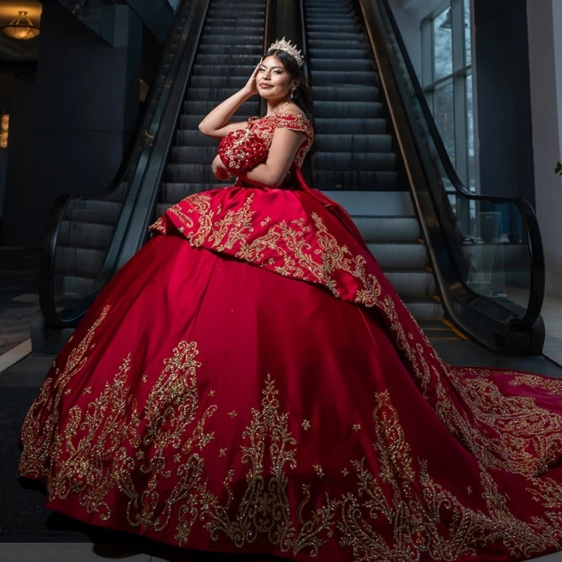 

Red Shiny Ball Gown Quinceanera Dresses 2026 Gold Applique Lace Beading Crystal Tull Corset Off Shoulder Sweet 16 Dress Years