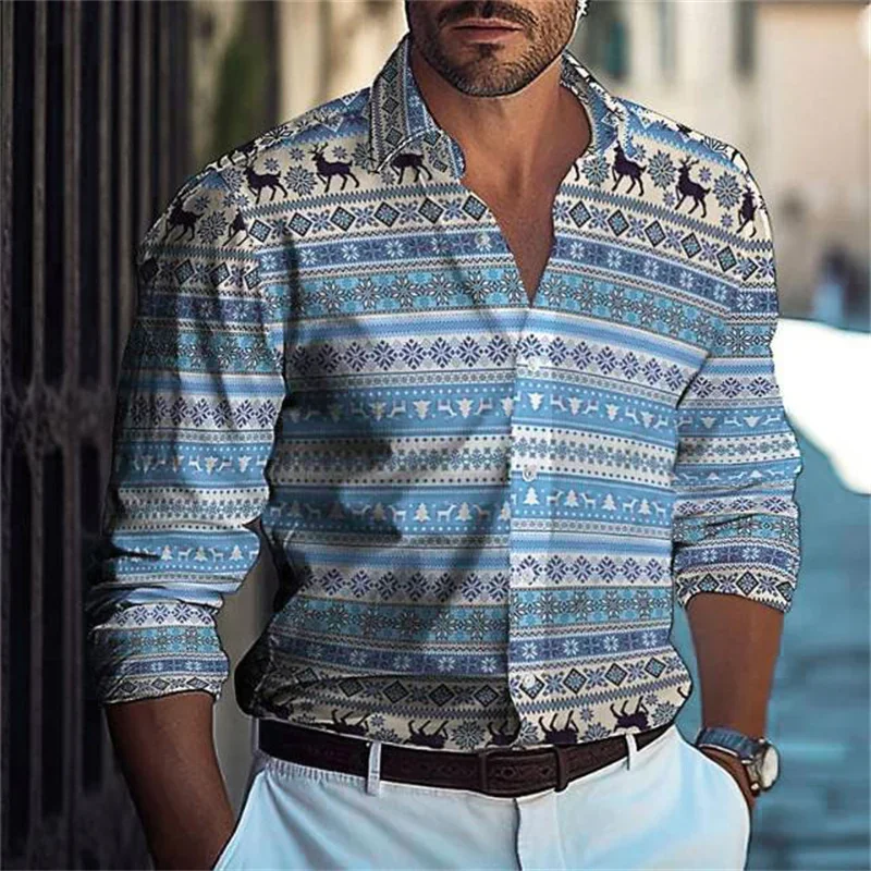 Hawaiian Men's Shirts Blue Plaid Color Block  Button Up Shirts Casual Summer Beach Shirts Long Sleeve Lapel Comfortable Clothing