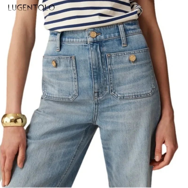 Women Casual Jeans Vintage Wash Wide-leg Slightly Flared Pants Fashion Buttoned Patch Pockets Elegant Loose 2024 Available 4XL