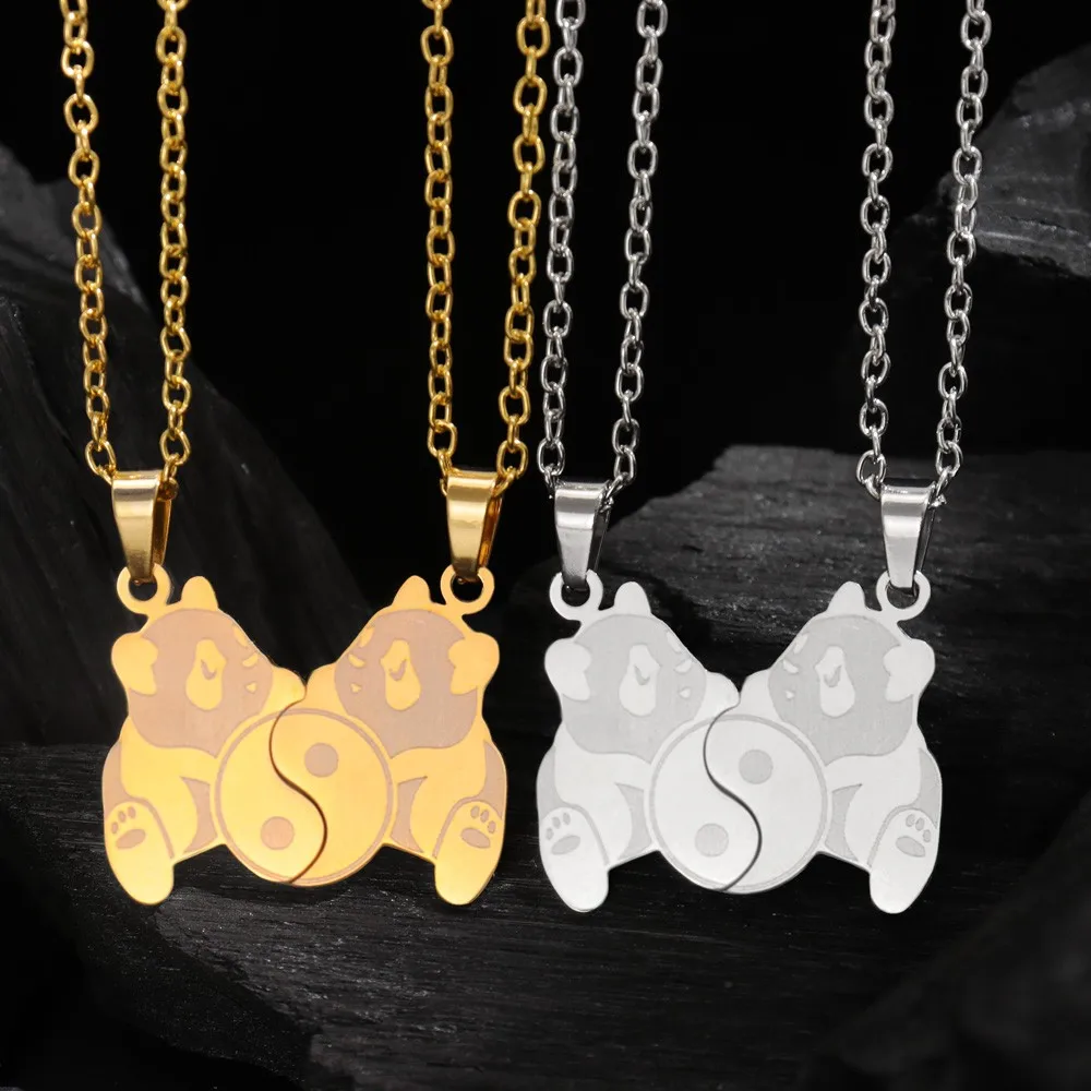 New 1 Pair Fashionable Stainless Steel Teddy Bear Pendant Necklace, Couple Necklace Jewelry Accessories