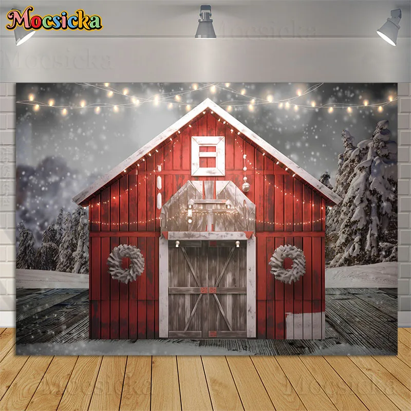 

Christmas Red Barn Background Photography Props Winter Forest Snow Scene Baby Kids Family Portrait Decor Backdrops Photo Studio