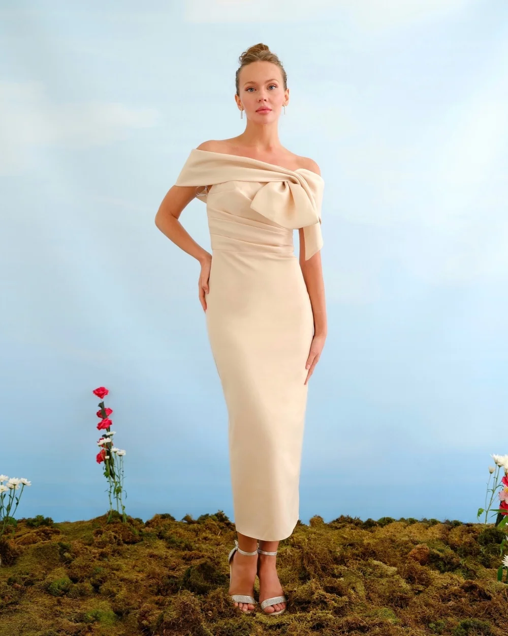 

Modern Style Jersey Pleat Sheath Off-the-shoulder Midi Dresses Prom Dresses Pastrol Unisex Formal Casual Simple Retro Fashion