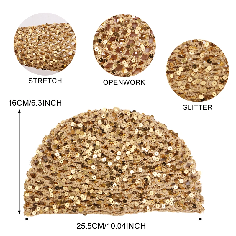 New Women Cute Hollow Sequined Mesh Beanie Cap Hollow Pullover Knitted Hair Net Breathable Handmade Slouchy Snood Hat