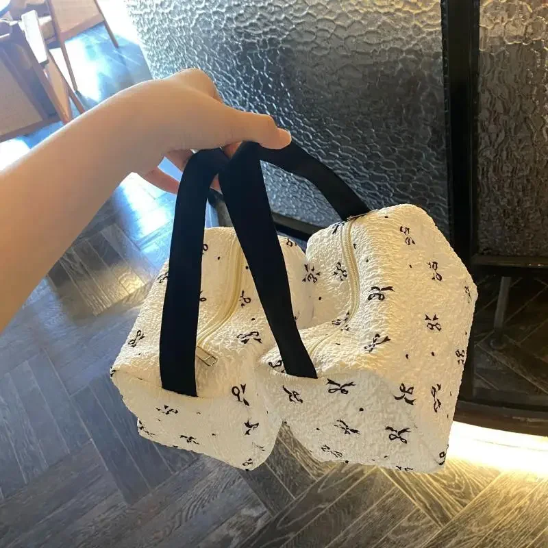 Cute Bow Printing Makeup Bag Portable Large Capacity Storage Toiletry Handbag Snack Bag