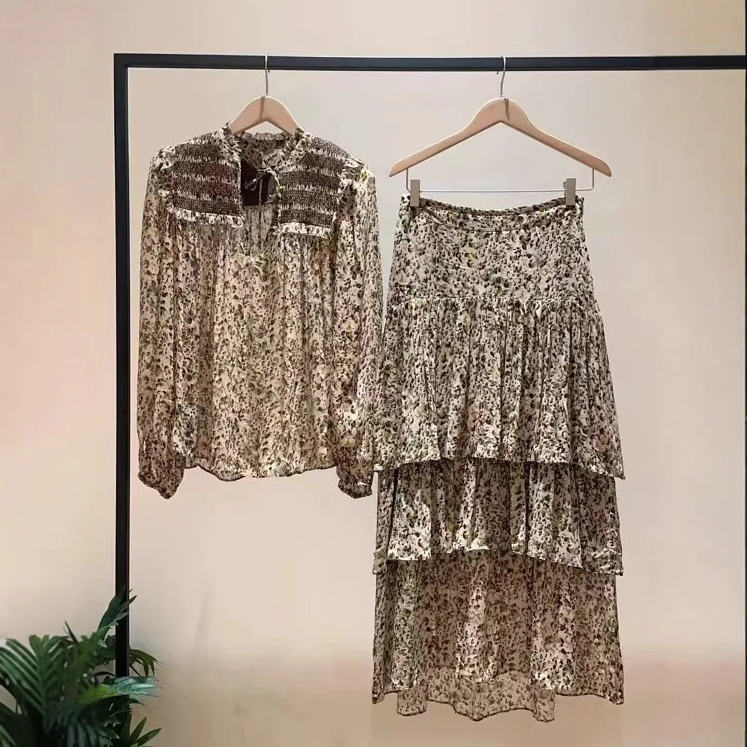 

Ретро-платье с цветочным принтом и длинным рукавом, юбка А-силуэта с поясом, высокая талия, женский модный комплект для весны, осени и зимы, винтажный стиль