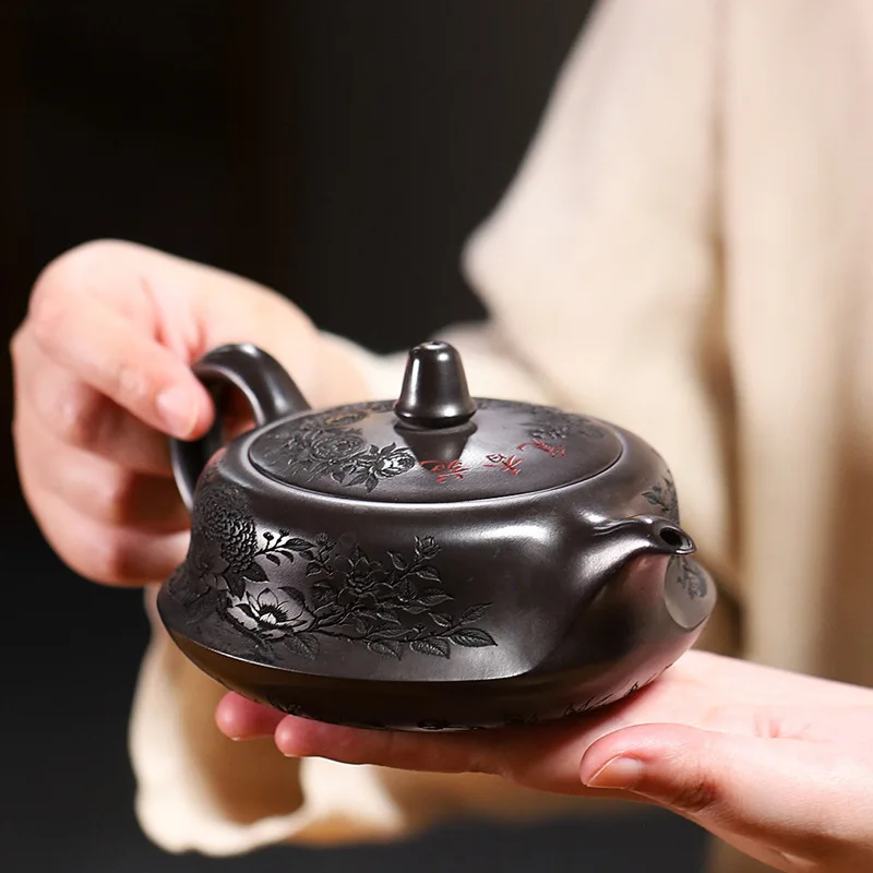 Secret Text One Piece Dropshipping Yixing Authentic Original Stone Yellow Purple Clay Curved Teapot Tea Set Gift Customization