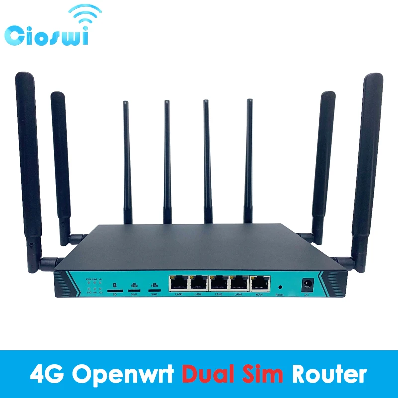 Two SIM 4G Openwrt Router Gigabit LAN 1000Mbps CAT6 Modem 2.4GHz 5.8GHz WiFi 8 Removable Antenna MU-MIMO for 64 User