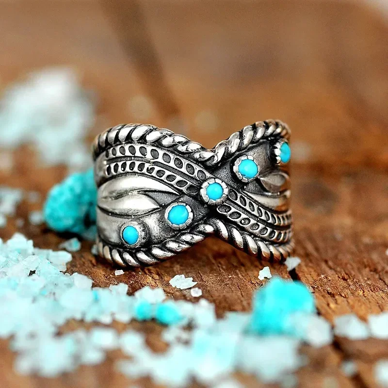 Middle Ancient Style Imitation Turquoise Ring Women's Metal Fried Dough Twists Lock Edge Antique Texture National Style Headwear