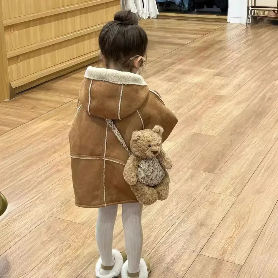 Girls Khaki Fashion Coat 2024 New Winter Lamb Fleece Double Fur One Thick Coat Korean Simple Style Clothes Simple Casual Top