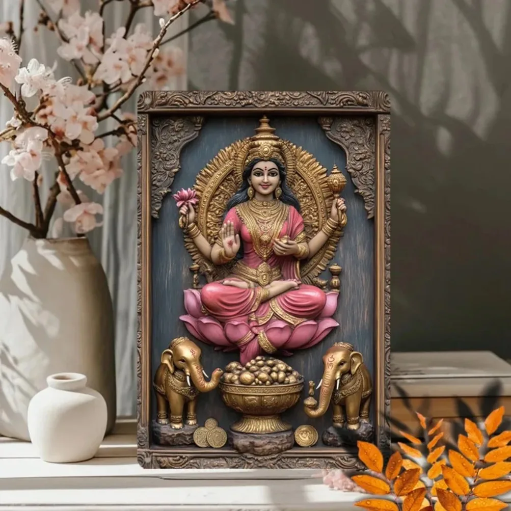 2D شقة 1 قطعة الألومنيوم آلهة لاكشمي والفيلة لوحة معدنية (LakshmiElephantArt) | ديكور الوفرة الروحية #3