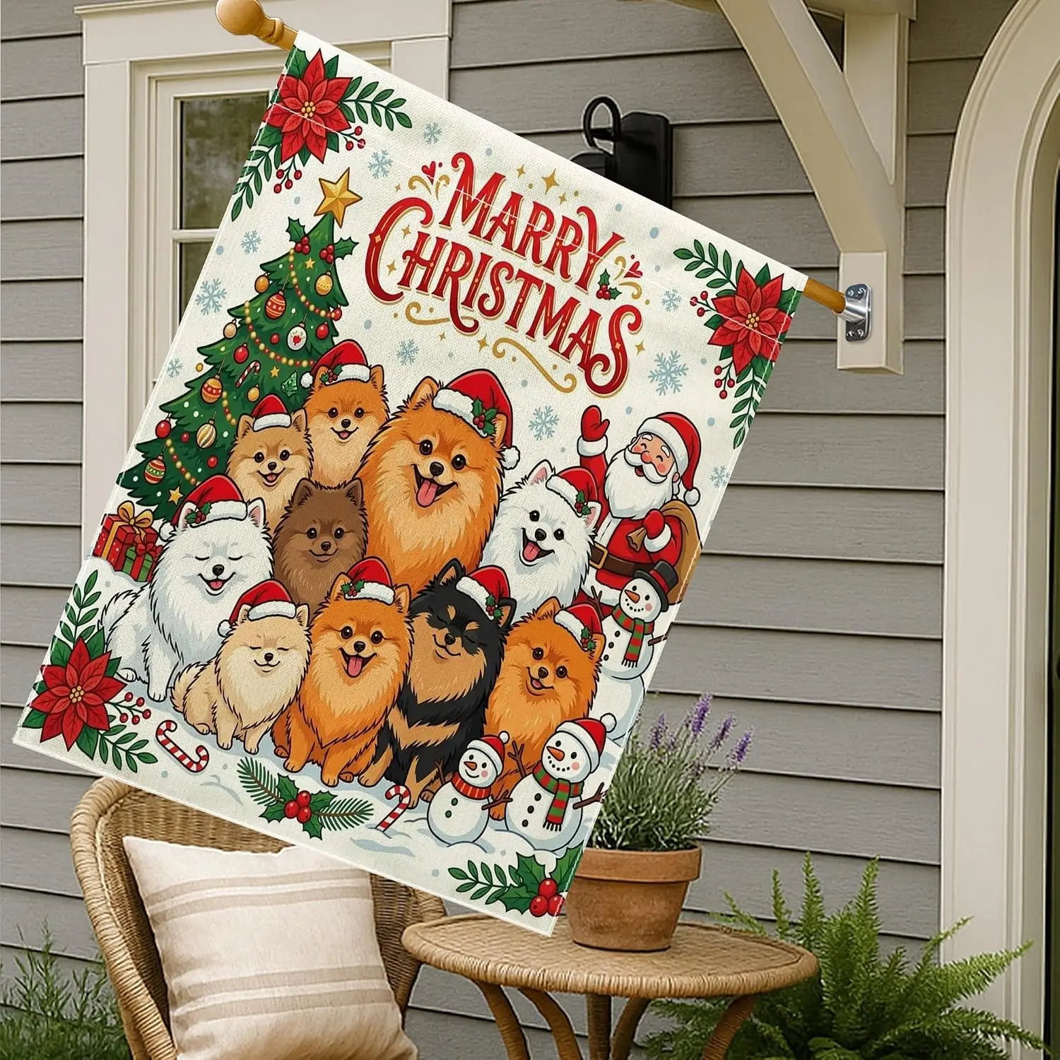 Marry Christmas Tree Pomeranian Dog House Flags Double Sided for Outside, Xmas Santa Snowman Linen Vertical