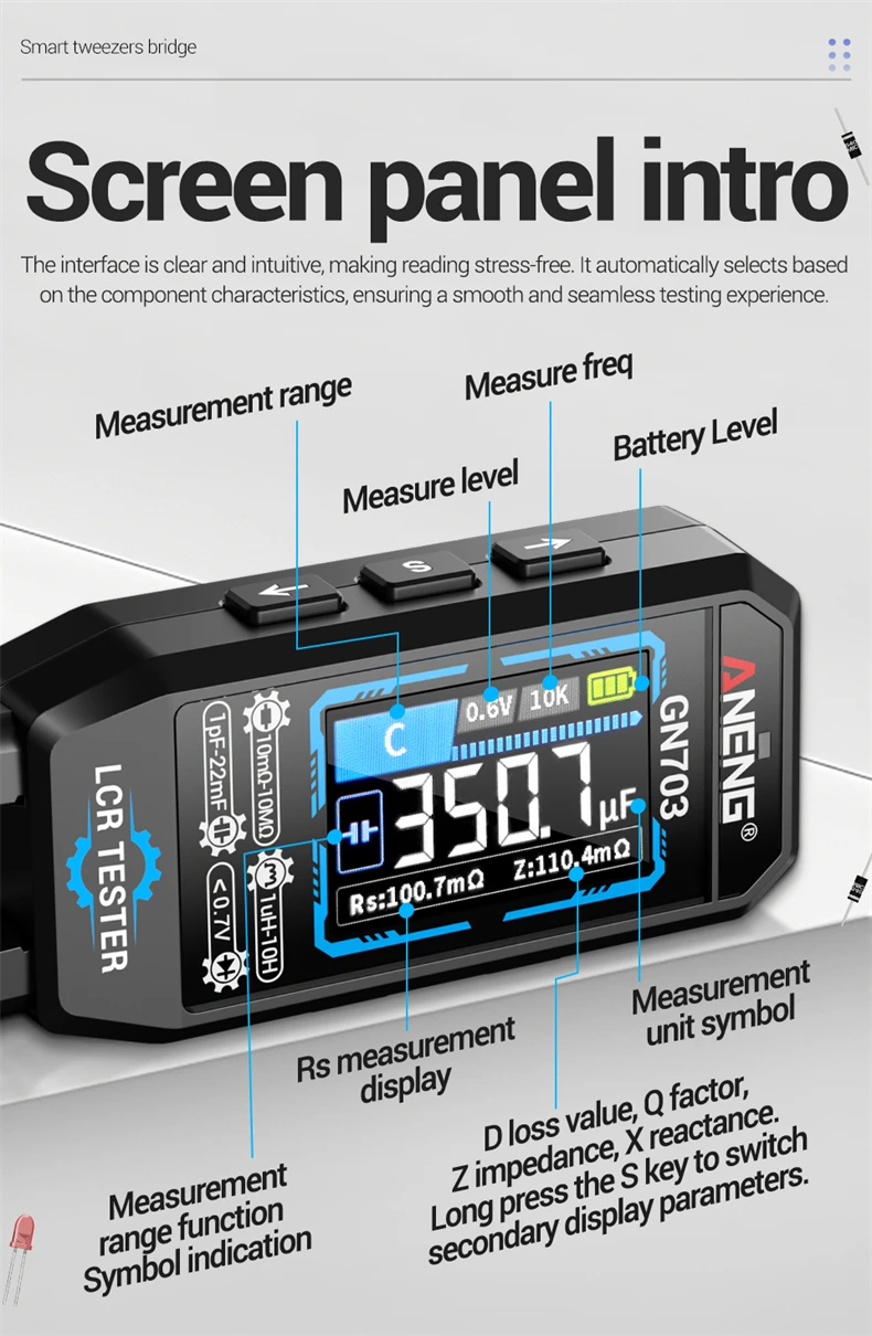 ANENG GN703 USB-Aufladbares Tragbares Digitales LCR-Bridgemeter 100Hz 1KHz 10KHz Diodentester Kalibrierung für Elektronik-Reparatur – Detail 9