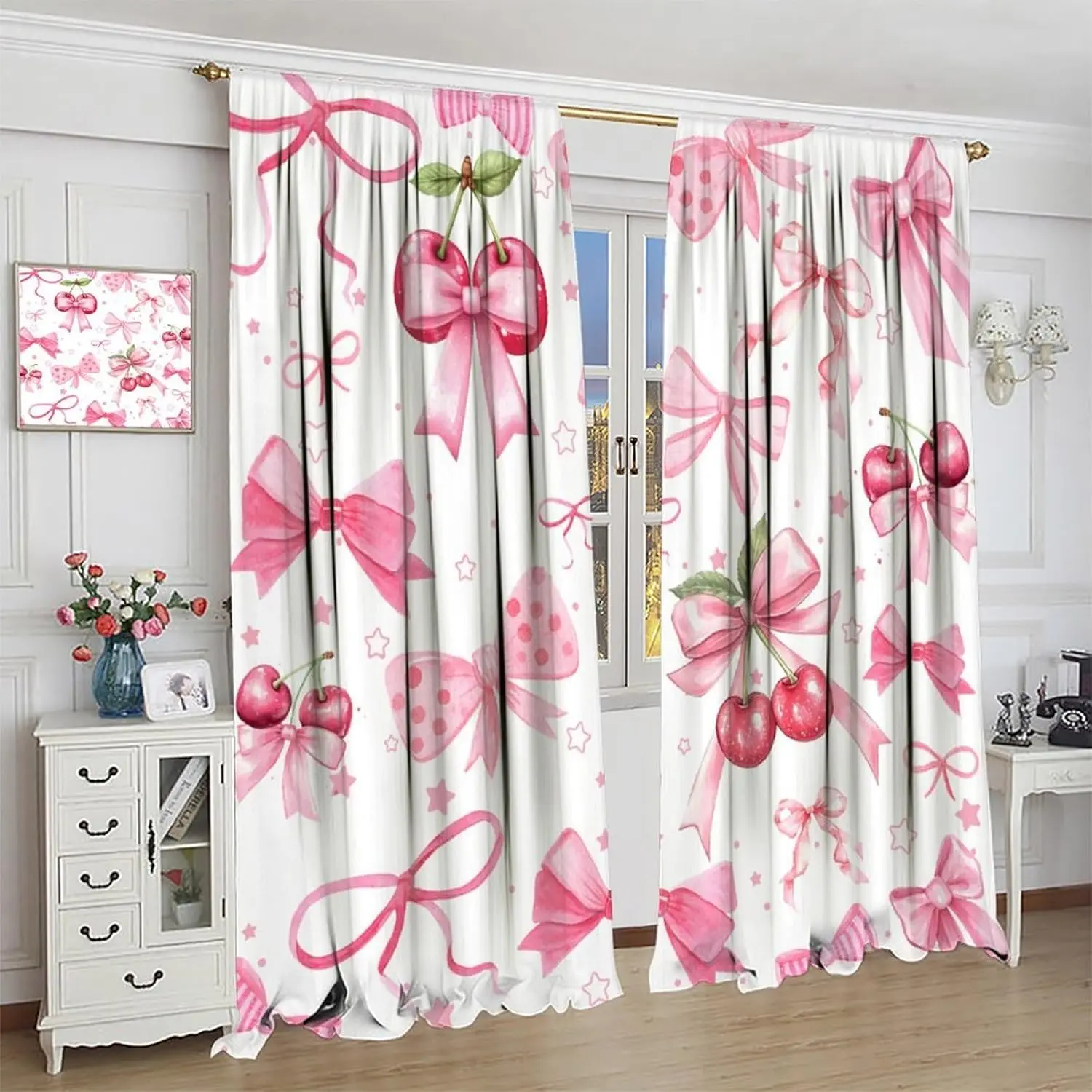 Pink Bow Curtains for Princess, Modern Romantic Aesthetic Sweet Fruit Cherries Ribbon Bows Stars Print Window Curtains for Girls
