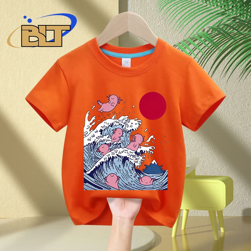 Camiseta infantil de manga curta, vermelha, Axoll, desenho animado estampado, fofo, tops casuais para crianças, meninos e meninas, verão