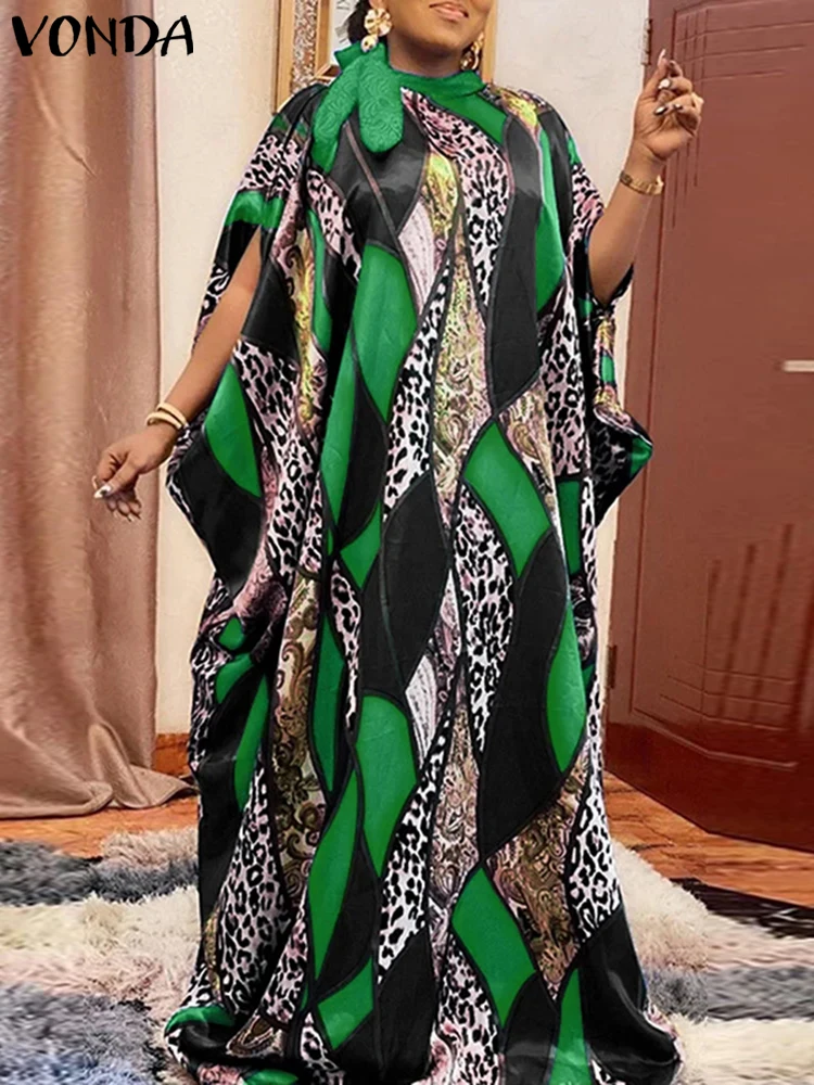 

Plus Size VONDA Women Bohemian Print Dress Leopard Lace Up Maxi Sundress 2025 Half High Collar Robe Bat-wing Sleeve Vestidos