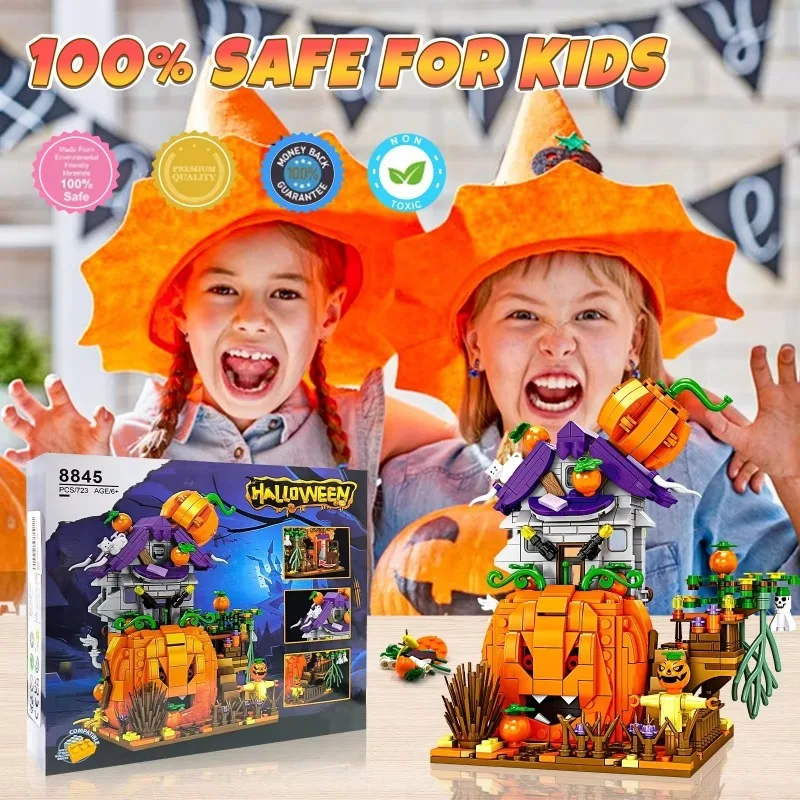 Halloween Set blok bangunan kreatif, Kit Dekorasi Rumah labu rumah hantu Halloween, hadiah pesta ulang tahun