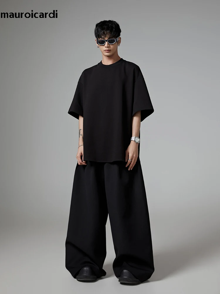 Mauroicardi Wiosna Jesień Oversized Long Black Flowy Baggy Wide Leg Pants for Mens Streetwear Loose Casual Soft Trousers 2024