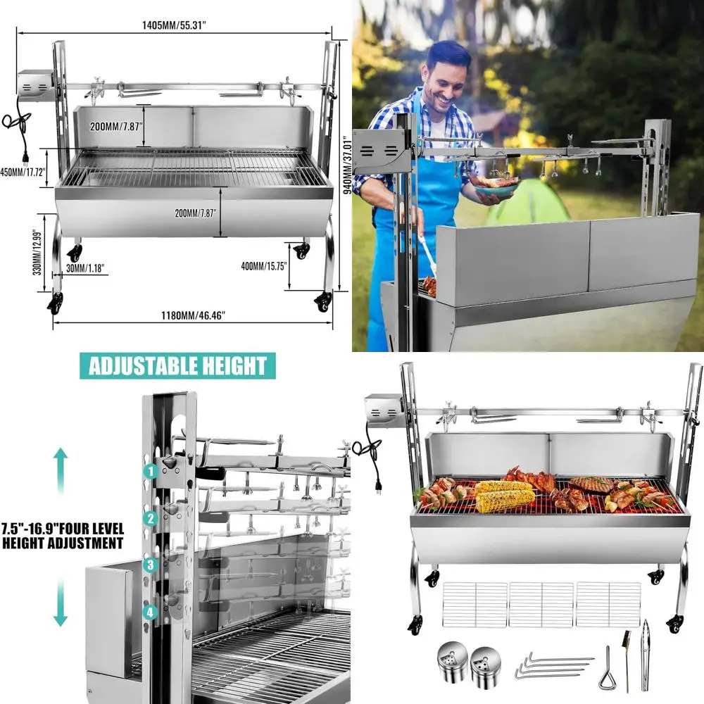 

Гриль-ротиссерия из нержавеющей стали на 176 фунтов (80 кг) для жарки маленьких свиней и ягнят с защитной крышкой, мотор 25 Вт, для кемпинга и барбекю на открытом воздухе, серебристый