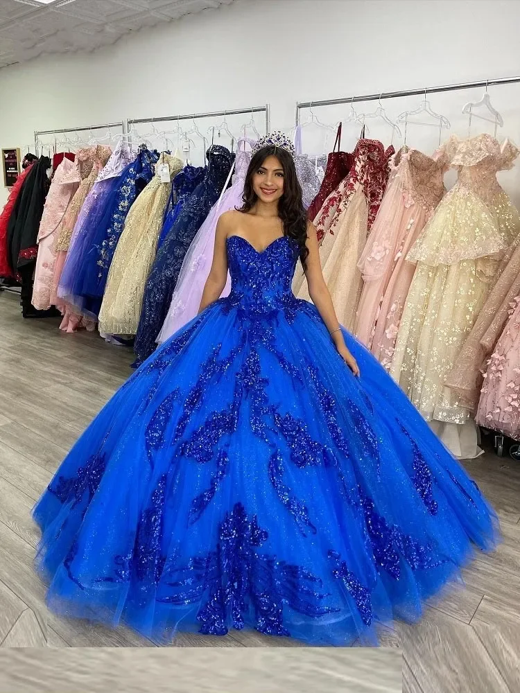 Vestido De baile azul brillante para quinceañera, traje De encaje dulce 16, Vestidos formales De fiesta De princesa De cumpleaños, 15 años