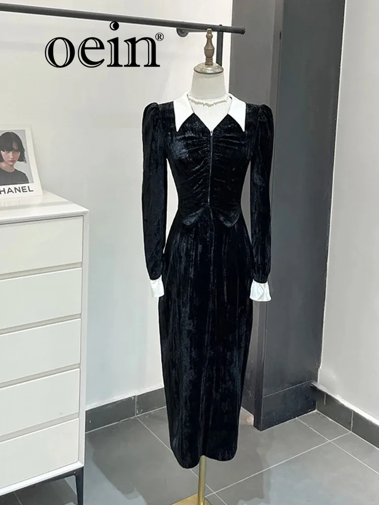 [oein]  French Style Black Velvet Dress Women's Autumn 2023 New Slim Fit Slim Hip Long Dress Market